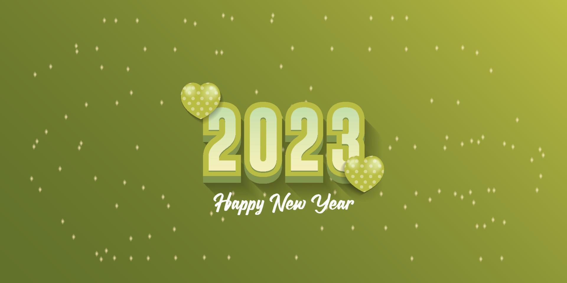 feliz año nuevo 2023 fondo verde ilustración vectorial números 3d y corazones vector