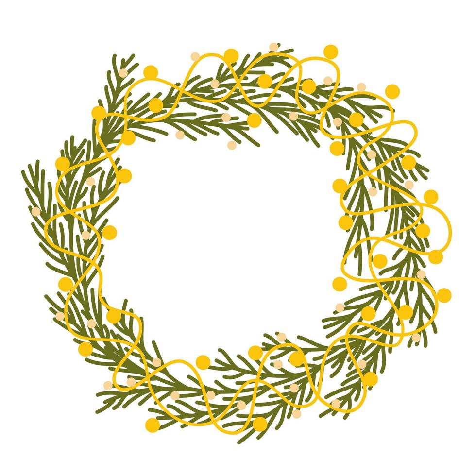 Christmas wreath. Decor for New Year Christmas and holiday. Wreath with holly berries, mistletoe, pine and fir branches, cones, rowan berries. Hand drawn illustration isolated on the white background vector