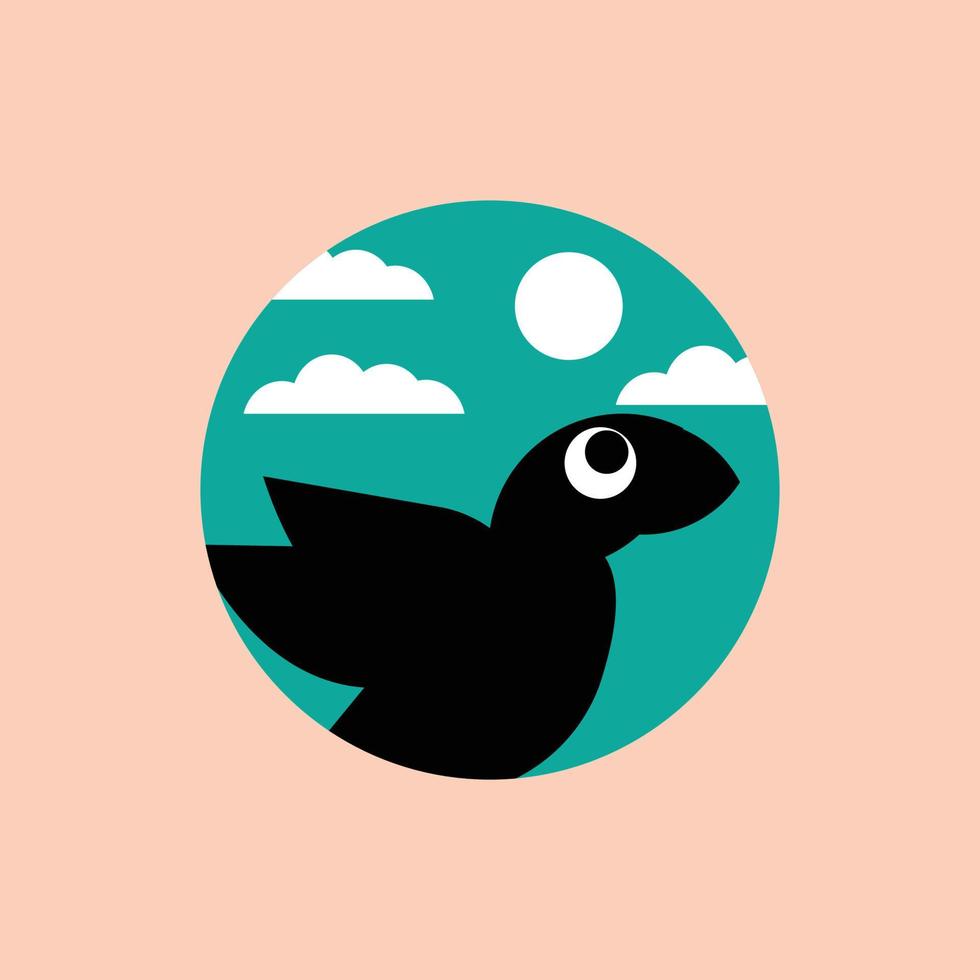 black bird vector illustration with white clouds on a simple blue background