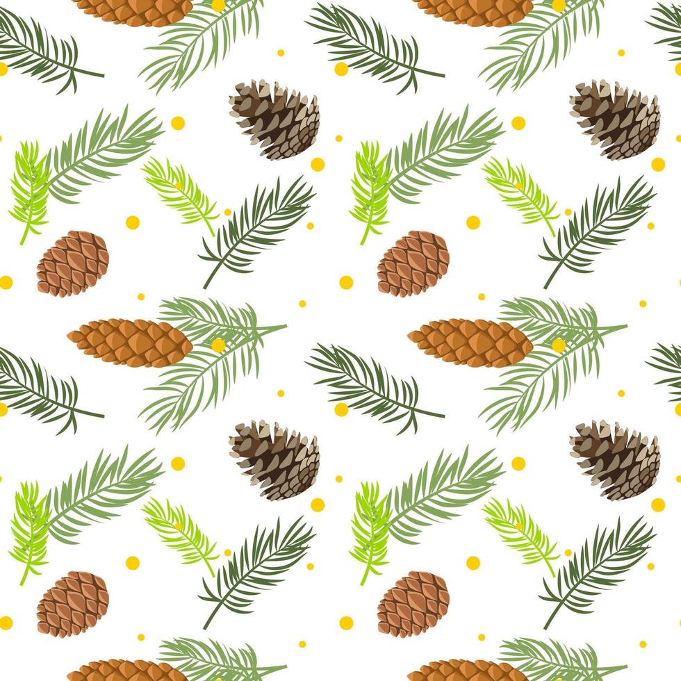 A branch of a Christmas tree with a cone. Vector color graphics. Texture pattern. Suitable for printed products on paper and fabric.