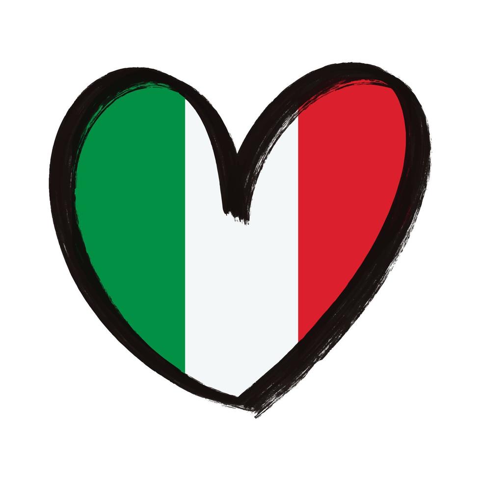 Italian flag heart shaped hand drawn logo. Artistic flag of Italy in shape of heart black ink textured frame. Vertical green, white, red stripes. Vector illustration isolated on white background