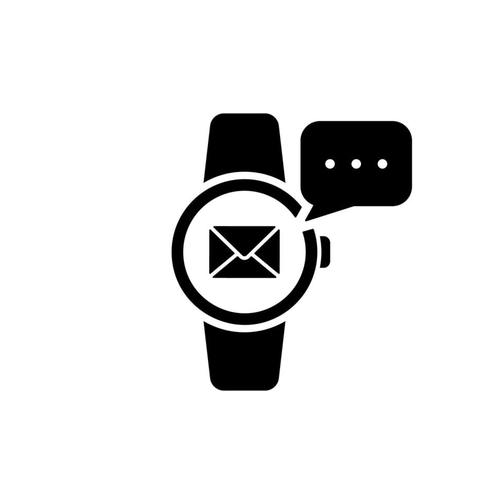 mensaje en el icono de silueta de reloj inteligente. pictograma de notificación de reloj inteligente. icono negro del sobre del correo de comunicación en el dispositivo deportivo moderno del rastreador. ilustración vectorial aislada. vector