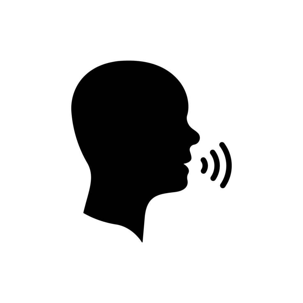 icono de silueta de conversación de hombre. comando de voz con ondas de sonido. persona conversación discurso icono negro. hombre hablar control y reconocimiento de voz. ilustración vectorial aislada. vector