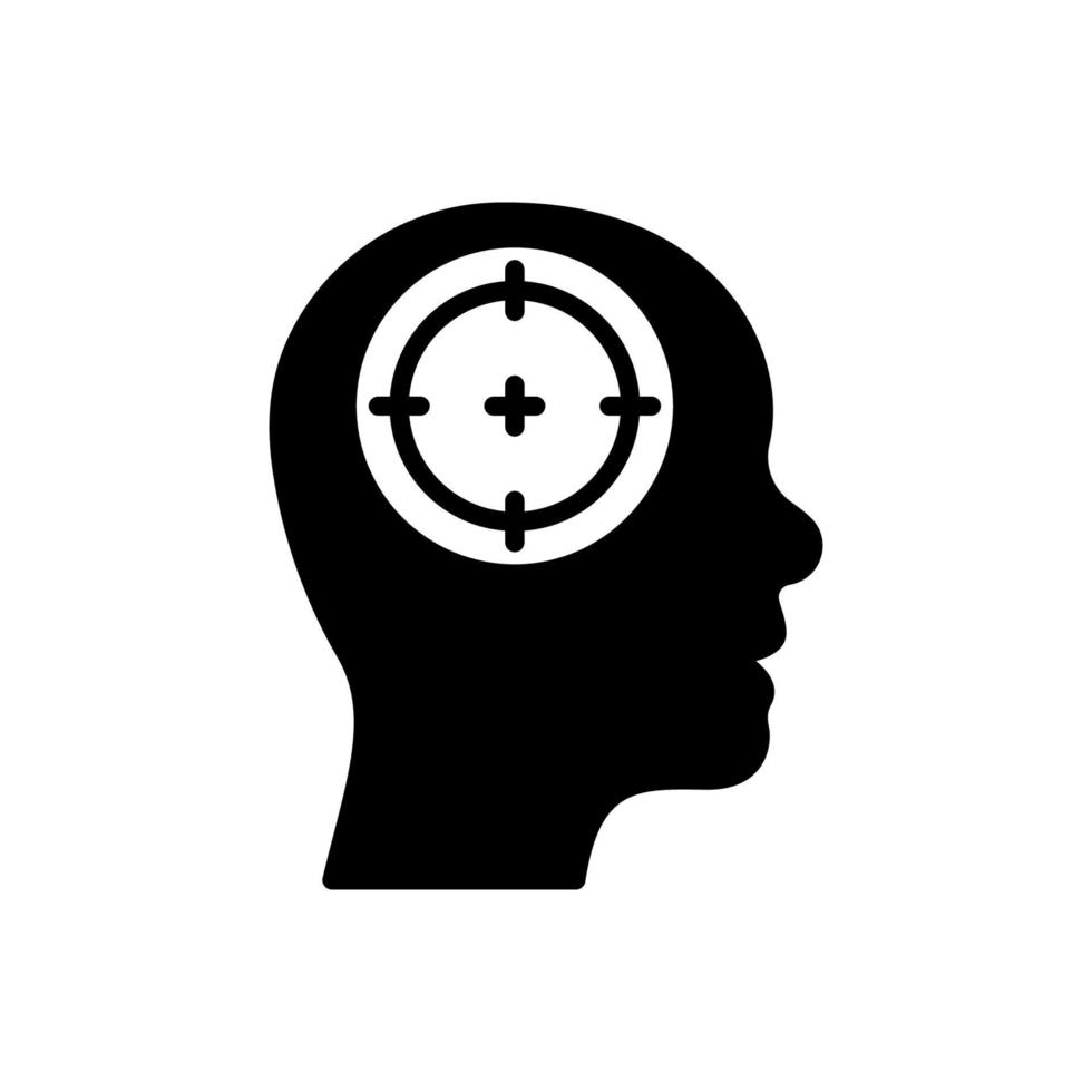 icono de silueta de objetivo de cabeza humana. objetivo de enfoque de sociología de marketing en el pictograma negro de la mente del cliente. icono de destino de objetivo céntrico. conocimiento cognitivo. ilustración vectorial aislada. vector