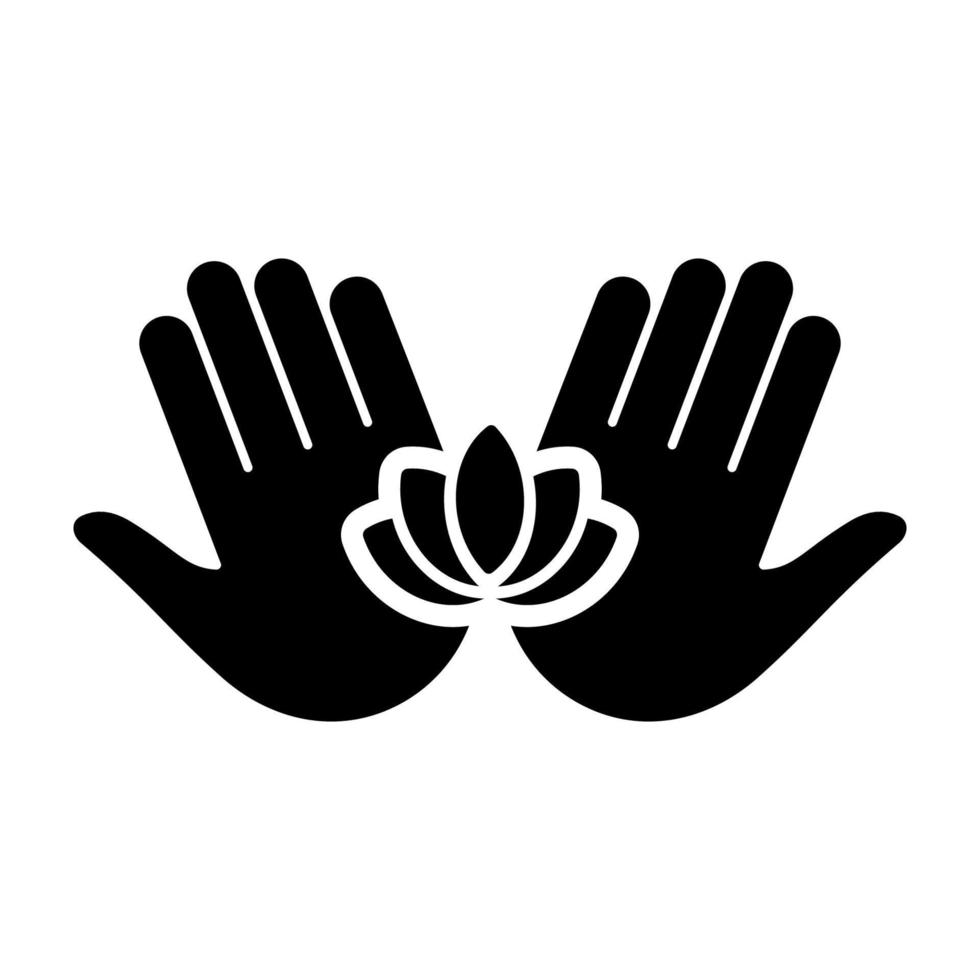 mano que sostiene el icono de silueta de yoga de loto. pictograma negro de acupuntura de belleza de atención médica de palma y flor. icono de meditación esotérica. masaje médico. ilustración vectorial aislada. vector