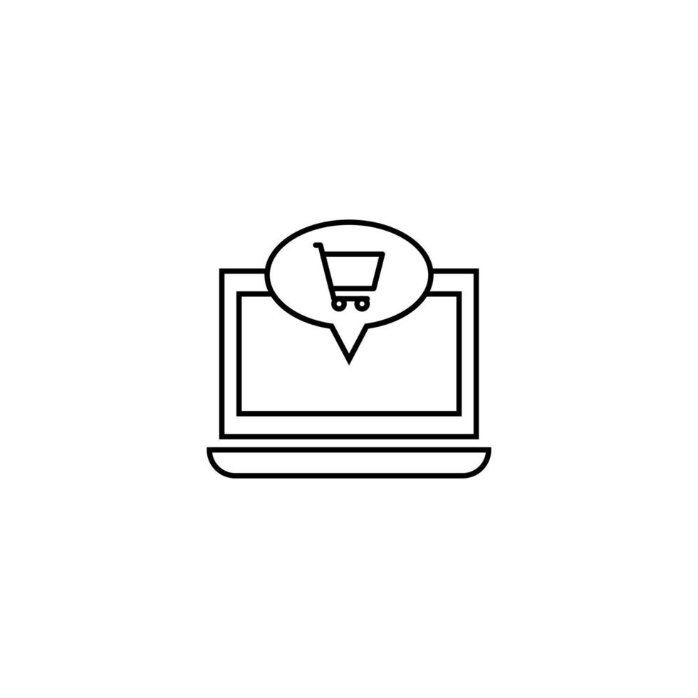 Computer, internet and communication concept. Modern monochrome sign in flat style. Suitable for web sites, stores, books etc. Line icon of shopping cart inside of speech bubble on laptop monitor vector