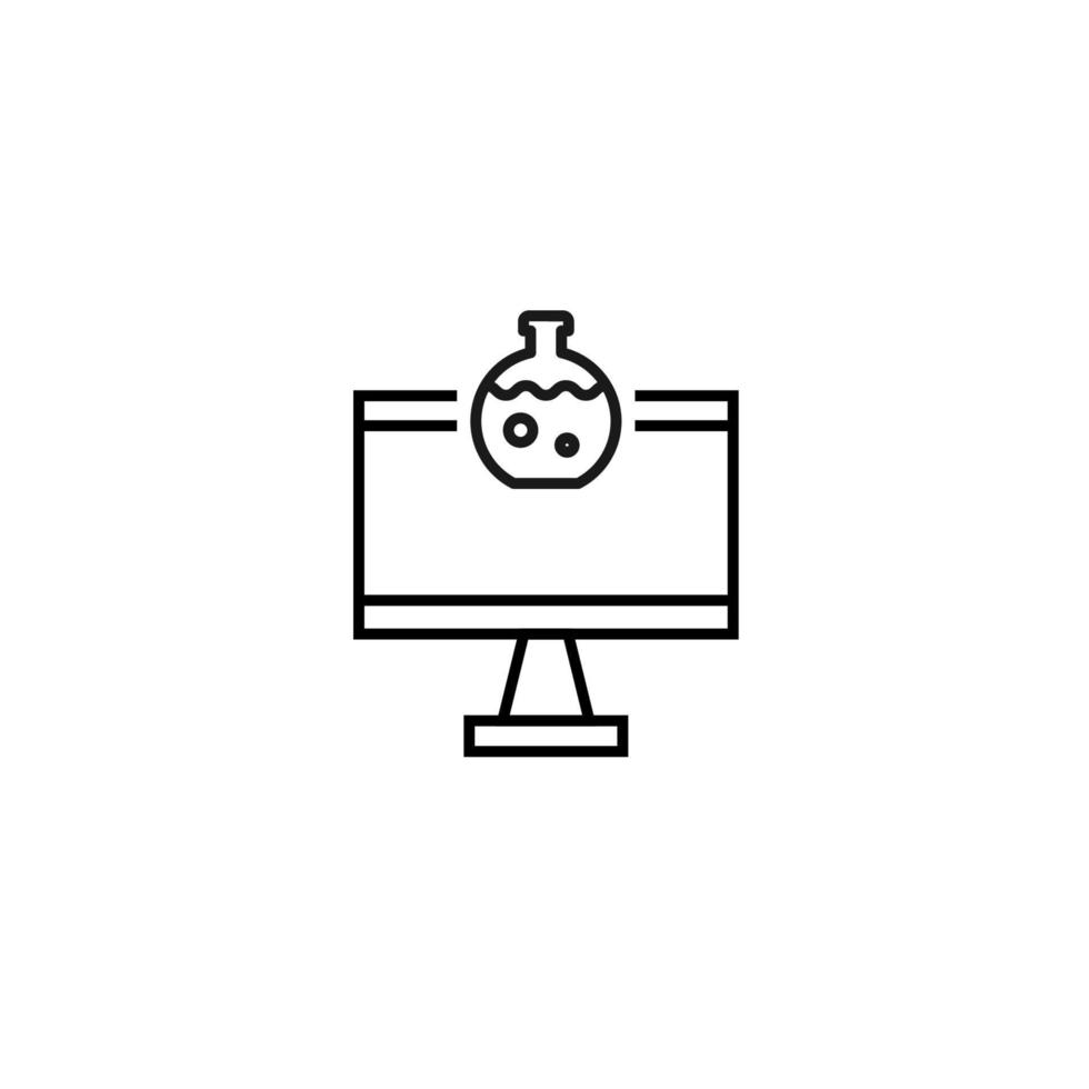 Monochrome sign drawn with black thin line. Perfect for internet resources, stores, books, shops, advertising. Vector icon of laboratory bulb inside of computer