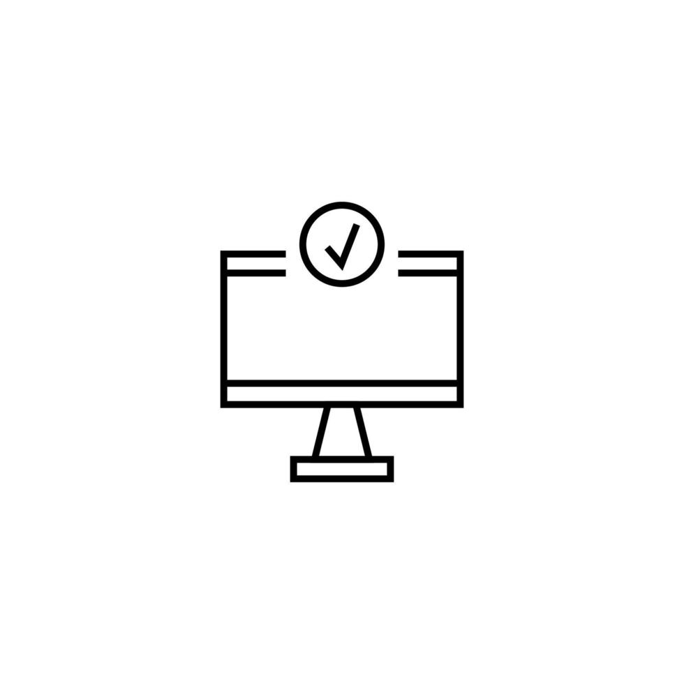 Monochrome sign drawn with black thin line. Perfect for internet resources, stores, books, shops, advertising. Vector icon of checkmark inside of computer