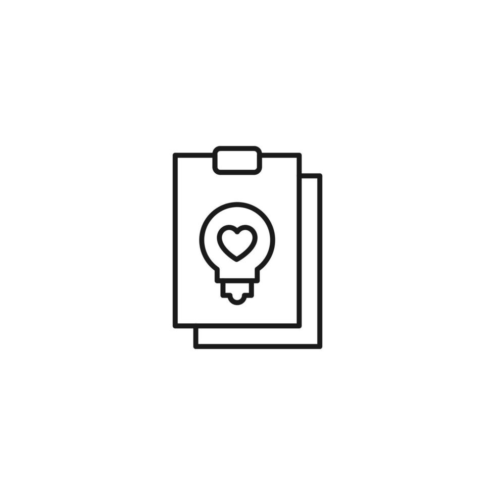 Document, office, contract and agreement concept. Monochrome vector sign drawn in flat style. Vector line icon of heart inside of light bulb on clipboard