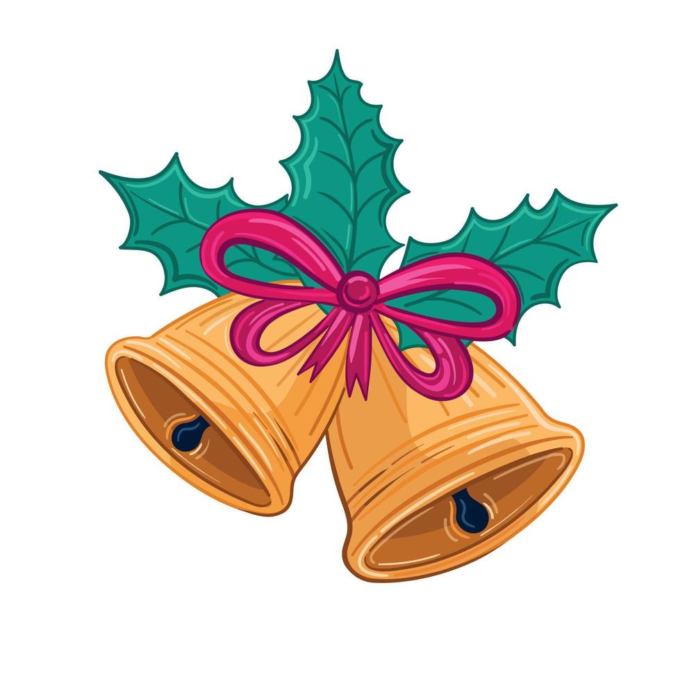 ilustración vectorial campanas de navidad con cinta roja y hojas verdes vector