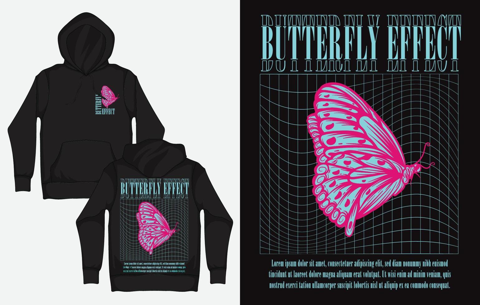 sudaderas con capucha con diseño vaporwave streetwear, efecto mariposa vector