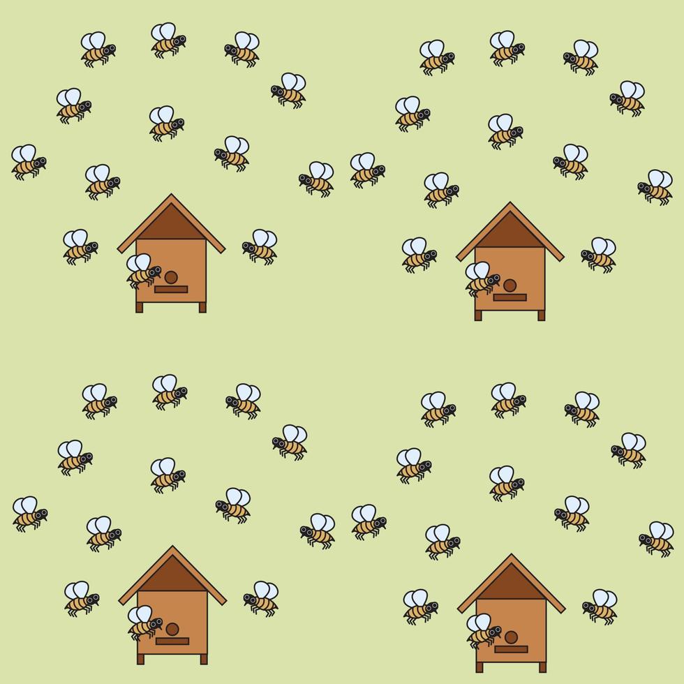 Bee apiary. Beehive with bees in cartoon style. Seamless pattern. Vector illustration on a light green background.
