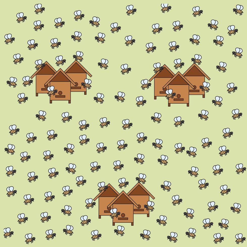 Bee apiary. Beehive with bees in cartoon style. Seamless pattern. Vector illustration on a light green background.