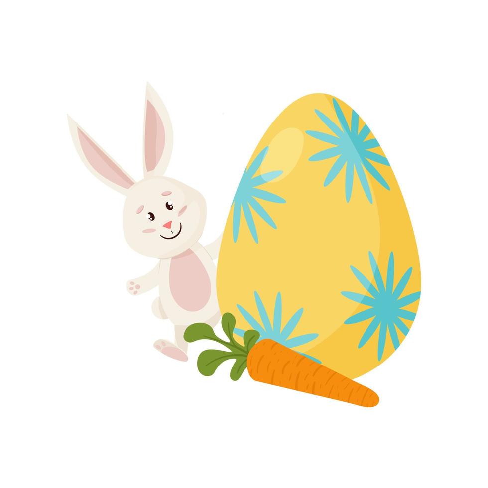 personaje de conejito. se asoma de huevo, zanahoria. conejo de pascua divertido y feliz. vector