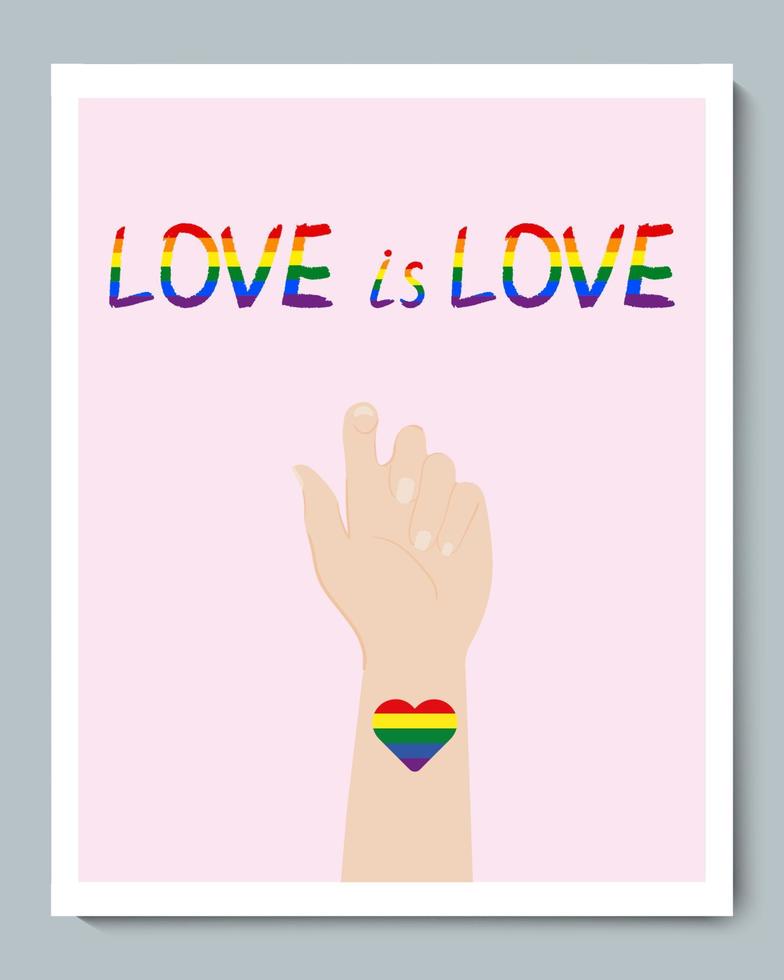 White Hand with Rainbow Gender LGBT Heart Symbol and Doole Texture Inscription Love is Love vector