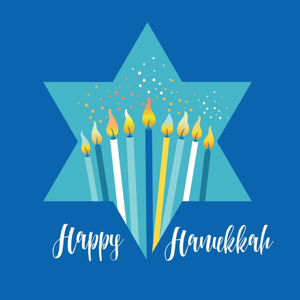 Jewish holiday Hanukkah greeting card traditional Chanukah symbols - menorah candles in star David illustration on blue. vector