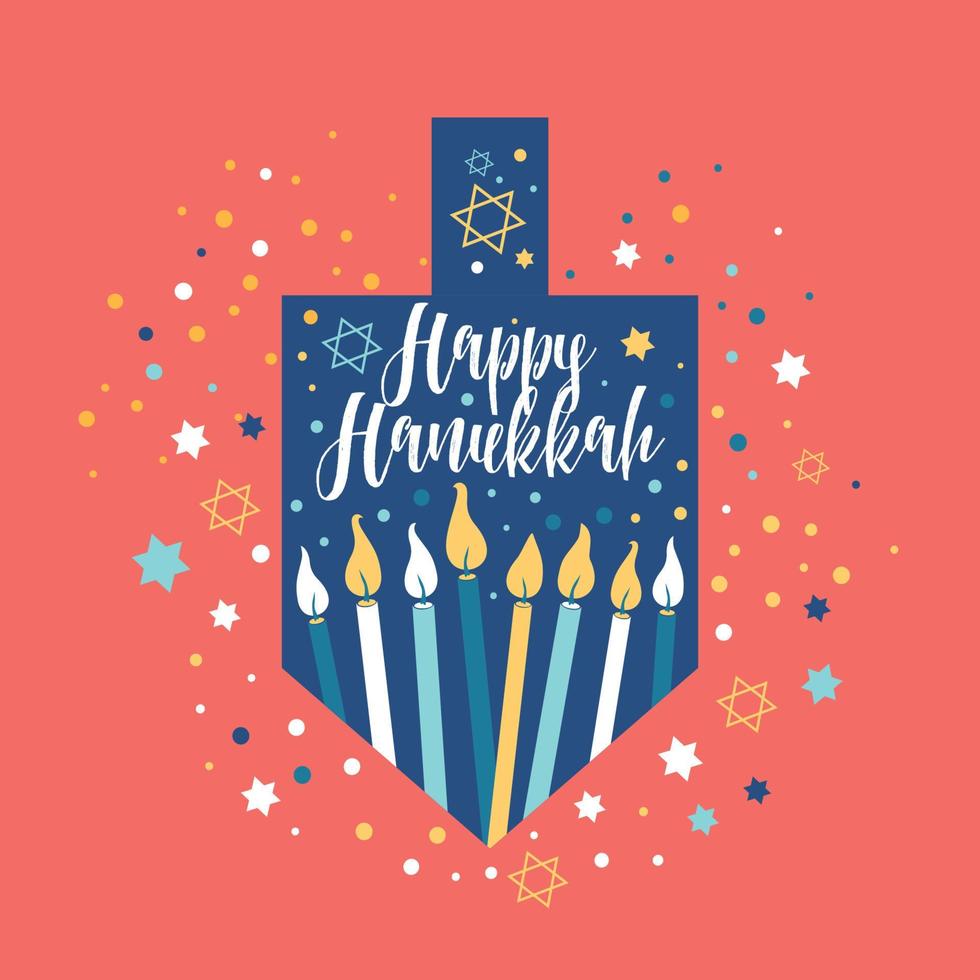 Happy Hanukkah, Jewish Festival of Lights greeting card with Chanukah symbols dreidels, spinning top, lettering, menorah candles, star David. Vector. Happy hanukkah in Hebrew. vector