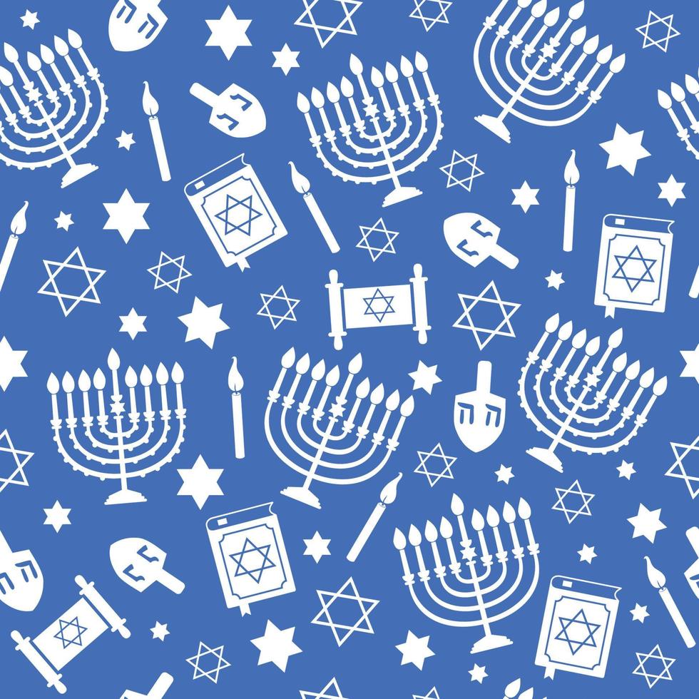 patrón transparente de hanukkah con menorah, dreidel, velas, estrella de david. vacaciones judías textura azul, fondo. lindo diseño vectorial para papeles pintados, papel de regalo para niños, estampado textil. vector