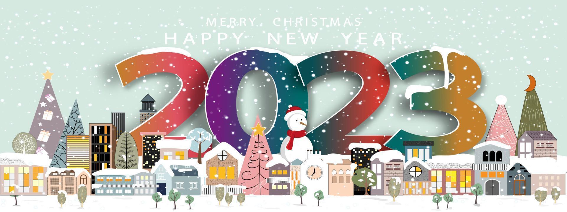 vector 2023 feliz año nuevo y feliz navidad con paisaje de ciudad invernal sobre fondo de cielo verde. país de las maravillas de invierno en la ciudad con nieve cayendo en la víspera de año nuevo, banner de diseño para tarjeta de felicitación