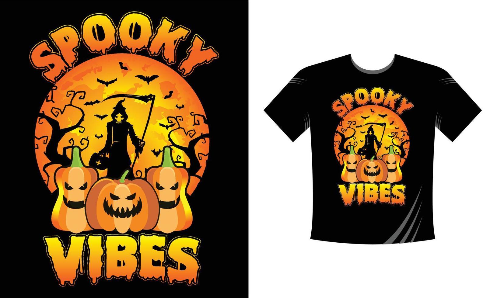 plantilla de diseño de camiseta de vibraciones espeluznantes. camiseta de halloween con calabaza, noche, luna, bruja, máscara. camiseta de fondo nocturno para imprimir. vector