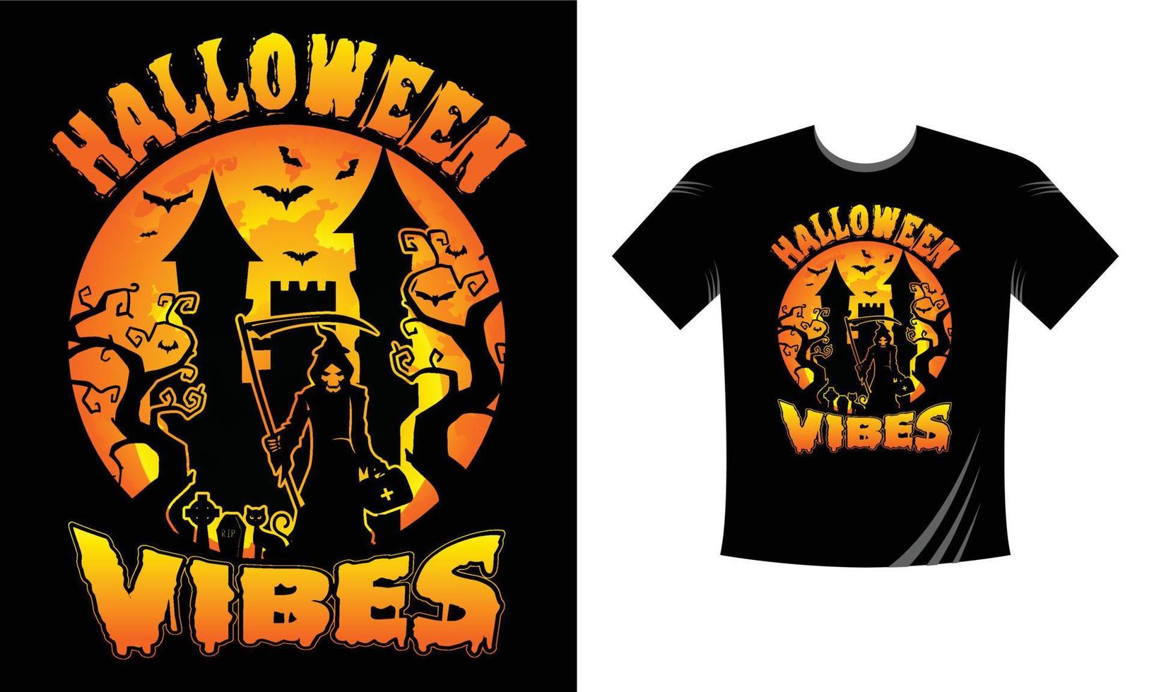 plantilla de diseño de camiseta de vibraciones de halloween. camiseta de halloween con calabaza, noche, luna, bruja, máscara. camiseta de fondo nocturno para imprimir. vector