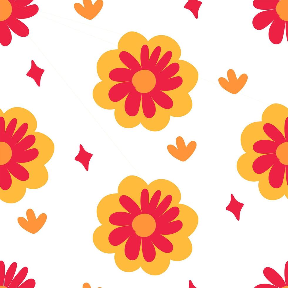 A pattern of flowers in the retro style of the 70s. Good vibes multi-colored picture. Vector illustration