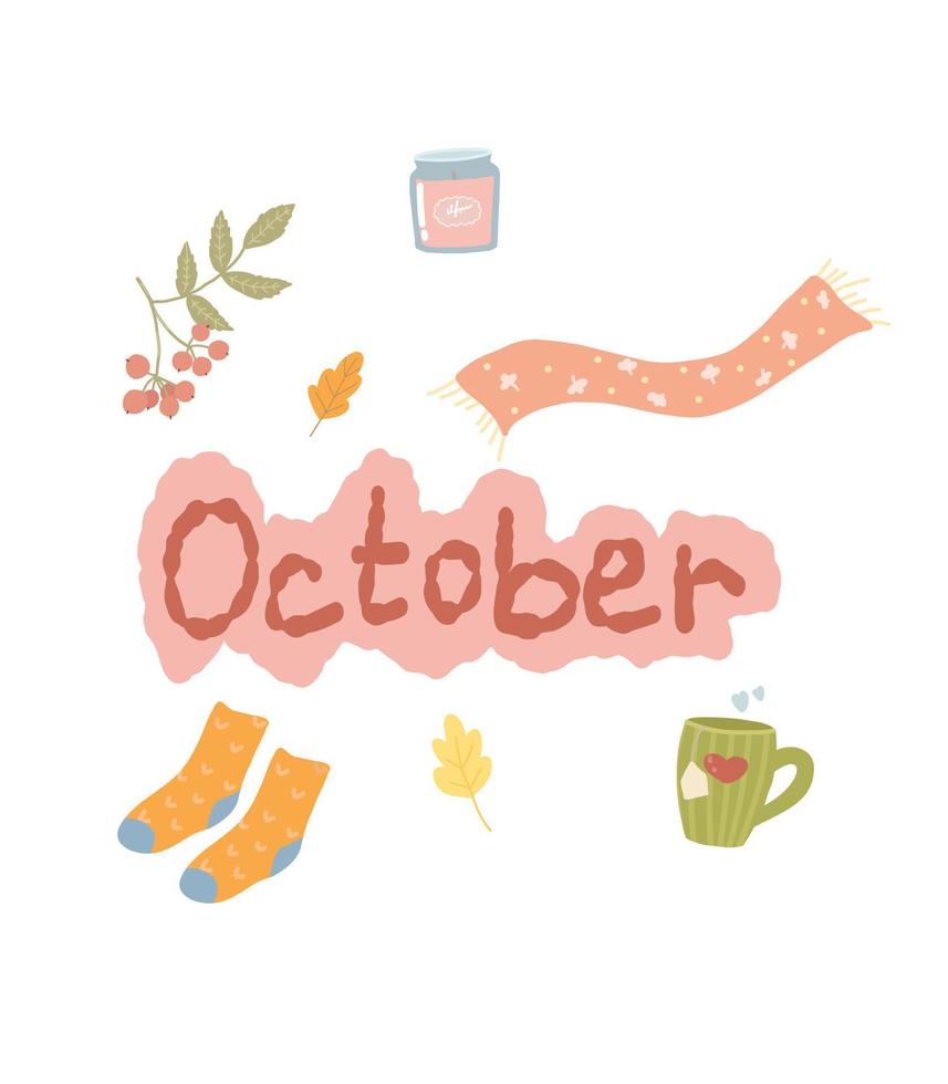 Autumn clipart. Cute autumn illustration for postcard, web. October, warm socks, tea, knitted scarf. vector