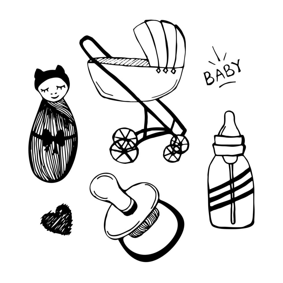 Baby and related items, doodle set vector