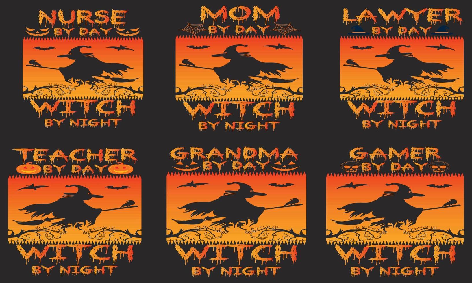 Witch by night retro Halloween T-Shirt Design Bundle vector