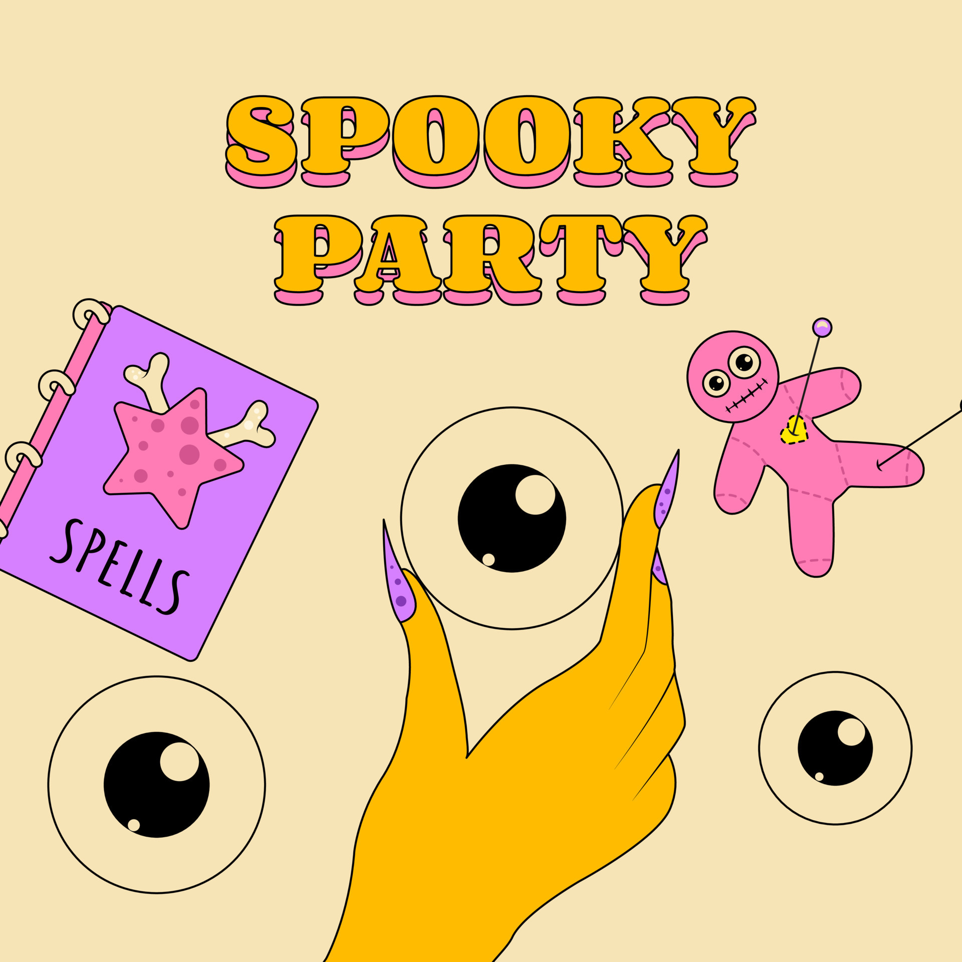 Groovy Style Poster Spooky Party for Halloween Holiday Witch Hand Holding Eye Book Spell and