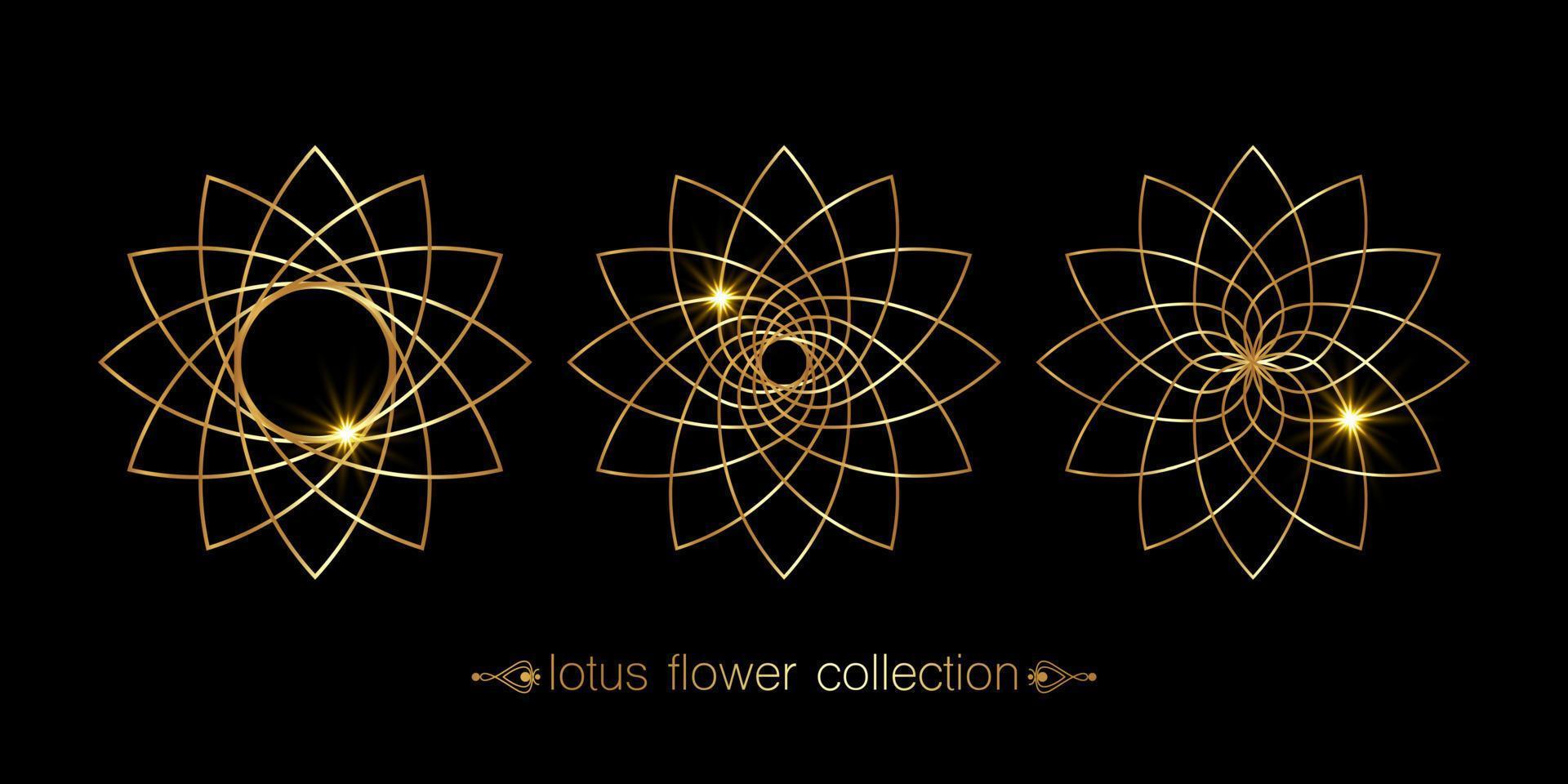Golden Lotus flower set collection, floral mandala, stylized circular ornament, line art floral logo. Flower blossom symbols of yoga, spa, beauty salon, cosmetics, relax, brand style. Vector isolated