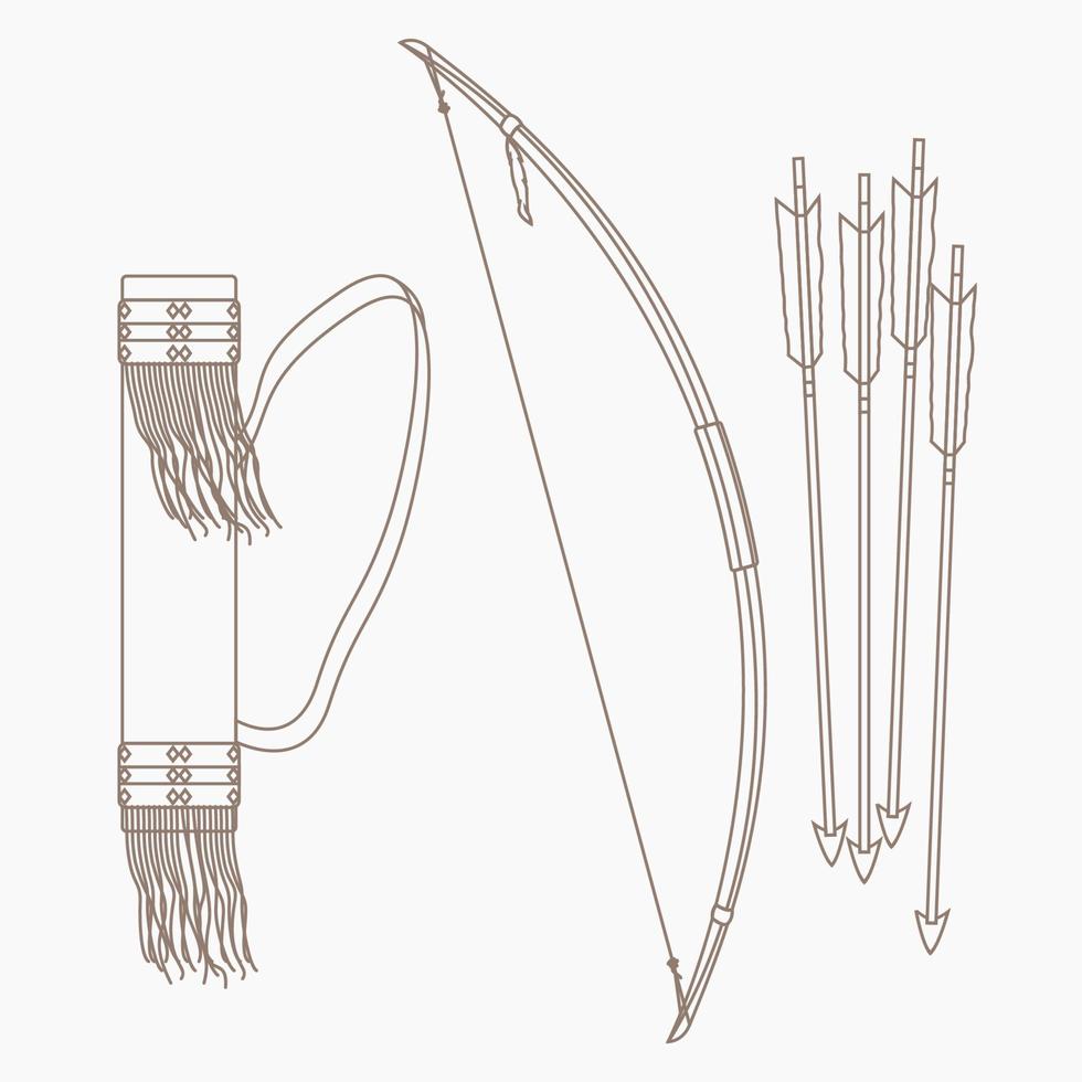 herramientas de tiro con arco nativas americanas aisladas editables ilustración vectorial en estilo de contorno para la cultura tradicional y el diseño relacionado con la historia vector