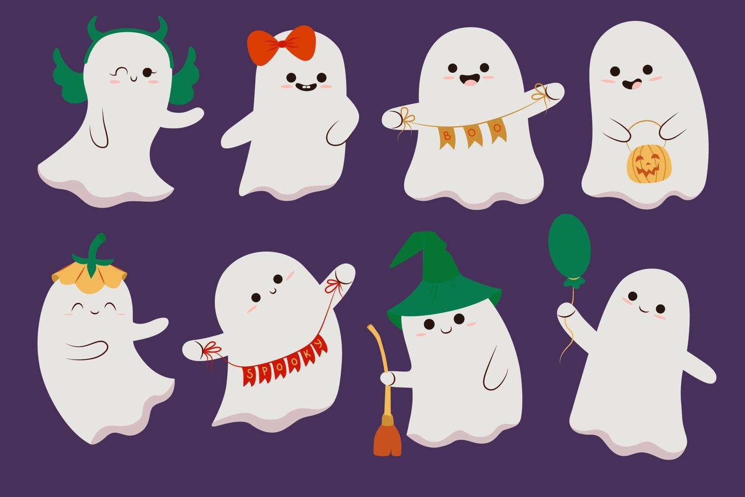 Set of cute funny happy ghosts. Childish spooky boo characters for kids. Magic scary spirits with different emotions and face expressions. Isolated flat cartoon vector illustrations of comic phantoms