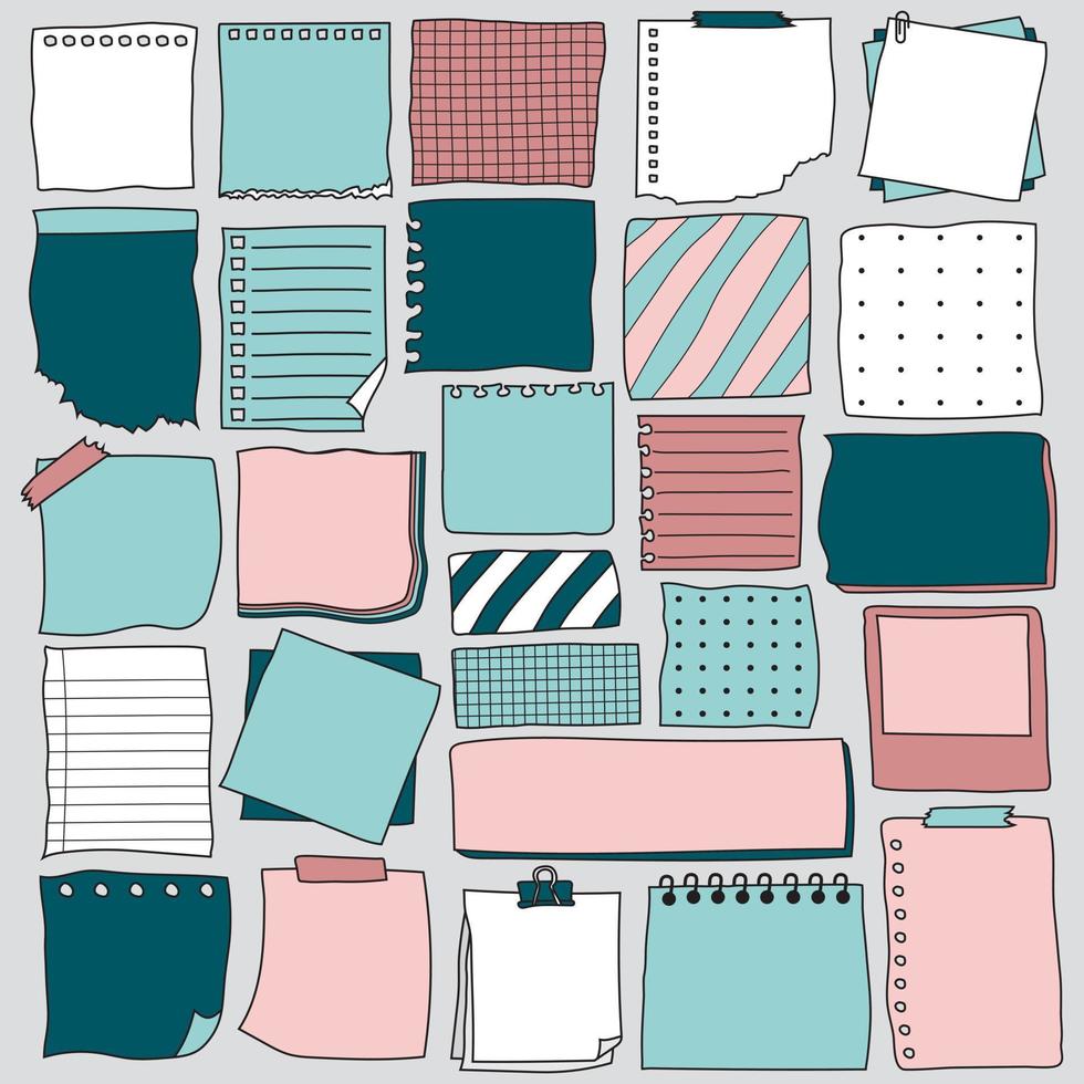 Collection of Doodle Cartoon Note Paper. Blank reminder paper notes. Vector Illustration