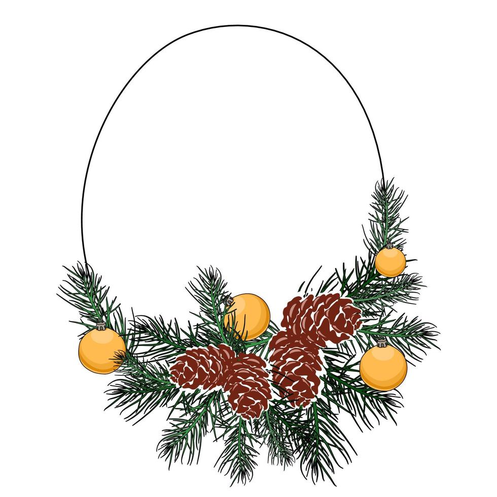 Decorative frame with Christmas ornaments and pine cones with branches vector