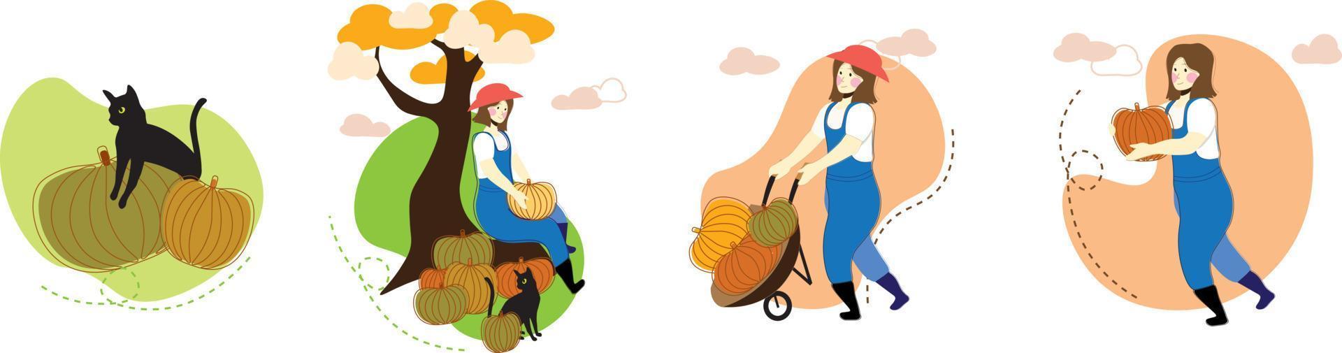 Set of Pumpkin farmer girl in autumn with black cat flat design vector isolated in white background. Concept of illustration. Autumn harvest farm collection.