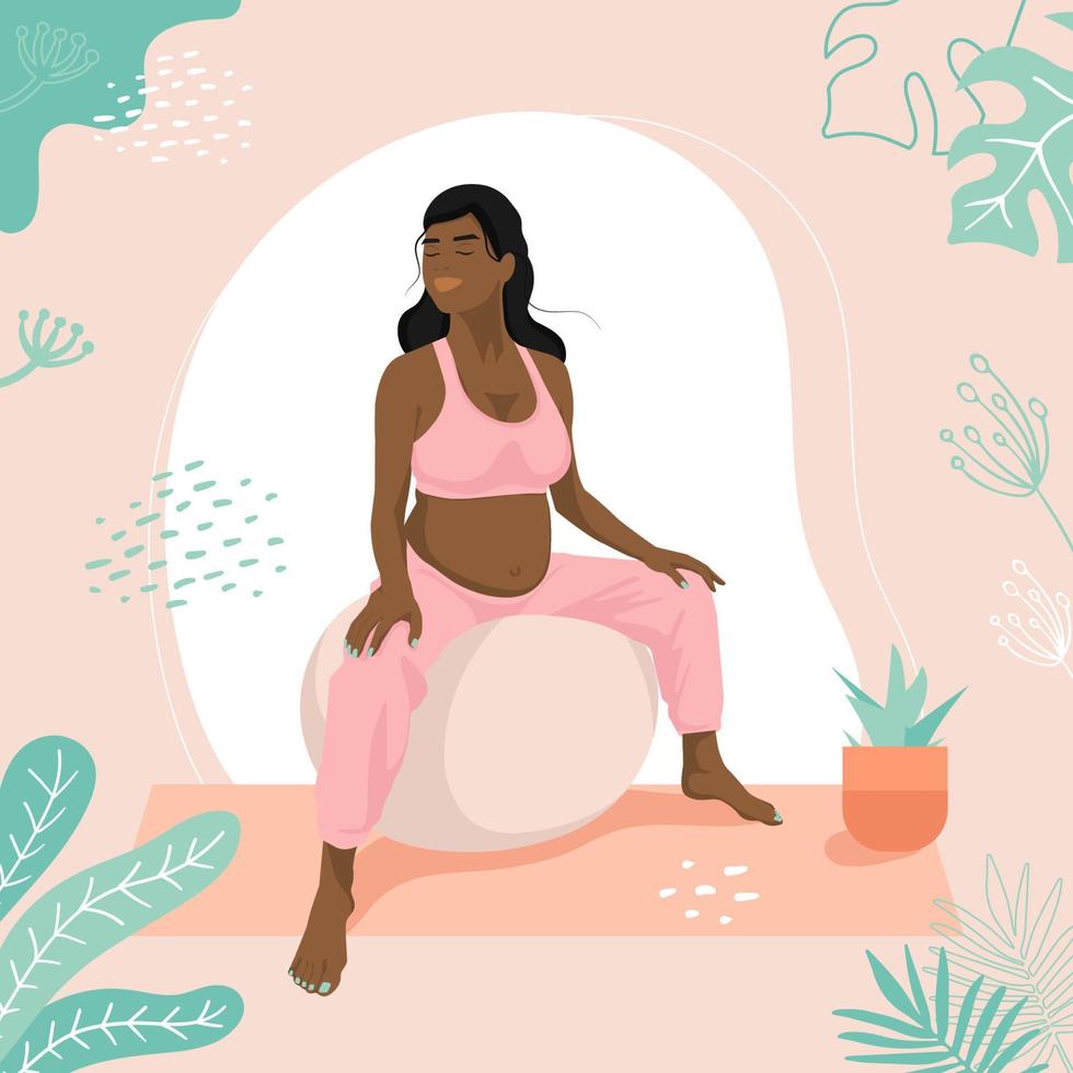Pregnant african american woman in a sports suit on a fitness Ball. Fit Ball exercises. Working out and fitness, healthy Pregnancy concept. Flat vector illustration.