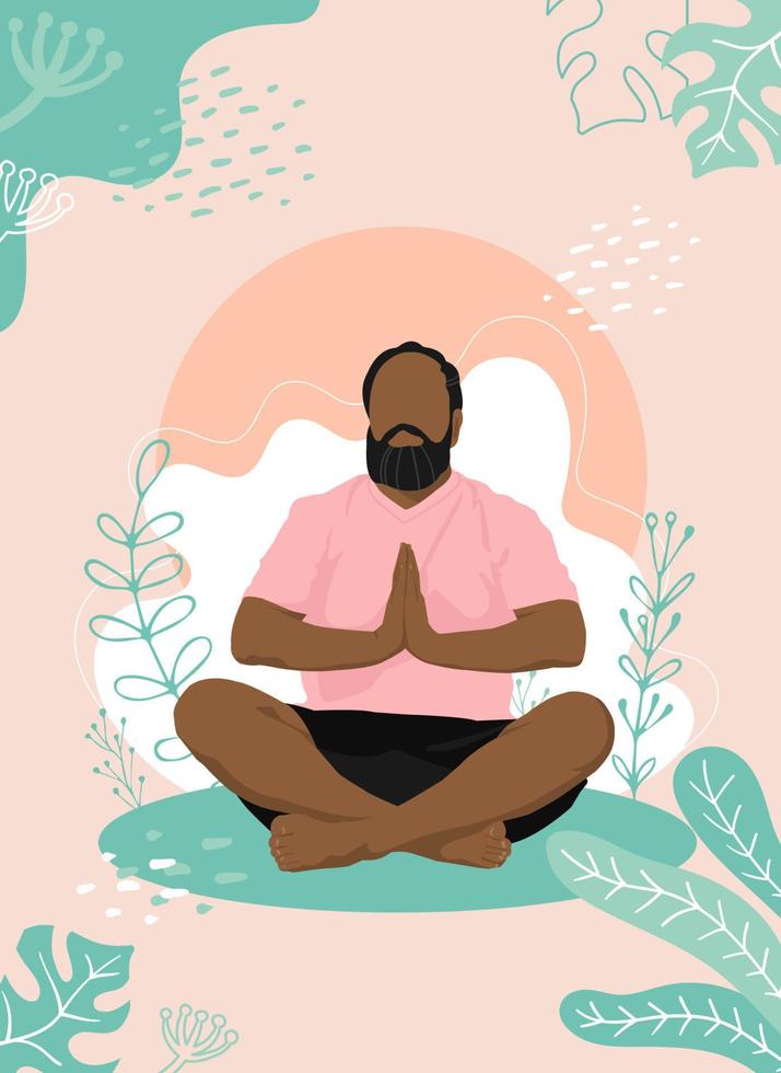 hombre meditando sin rostro. ilustración vectorial de un hombre sin rostro sentado en posición de loto de yoga rodeado de hojas de plantas. concepto de armonía y paz. vector