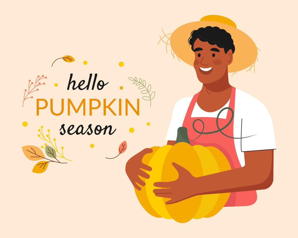 hola temporada de calabaza. ilustración de vector plano de otoño con letras y granjero afroamericano con calabaza, hojas. temporada de otoño. fondo de cosecha de octubre. comida de huerta orgánica.