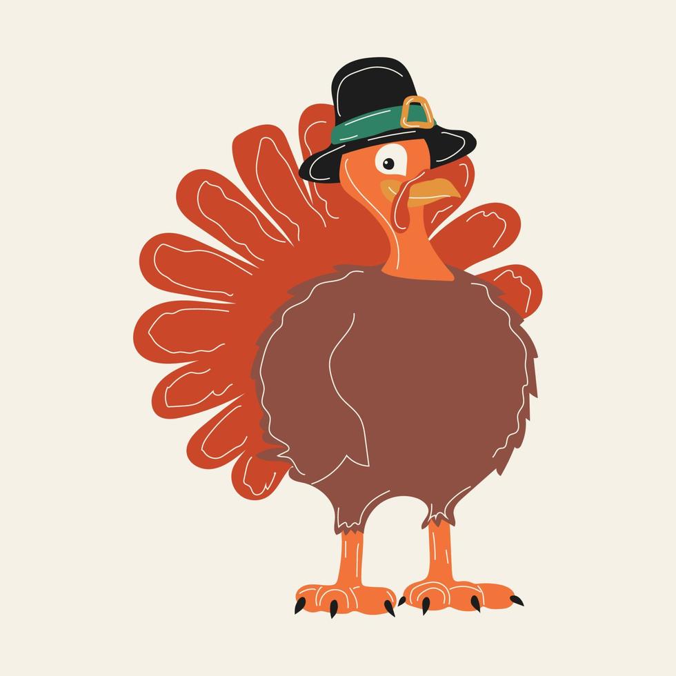 Happy Thanksgiving Day. Cartoon Turkey in a pilgrim hat. vector