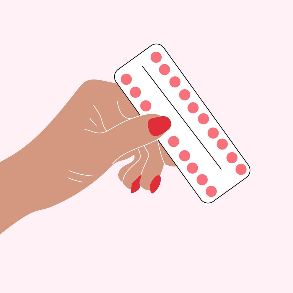 Illustration of hand holding birth control pills. Hand drawn style. Vector