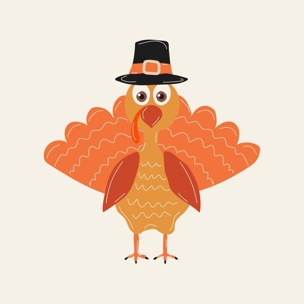 Feliz día de acción de gracias. pavo de dibujos animados en un sombrero de peregrino. vector