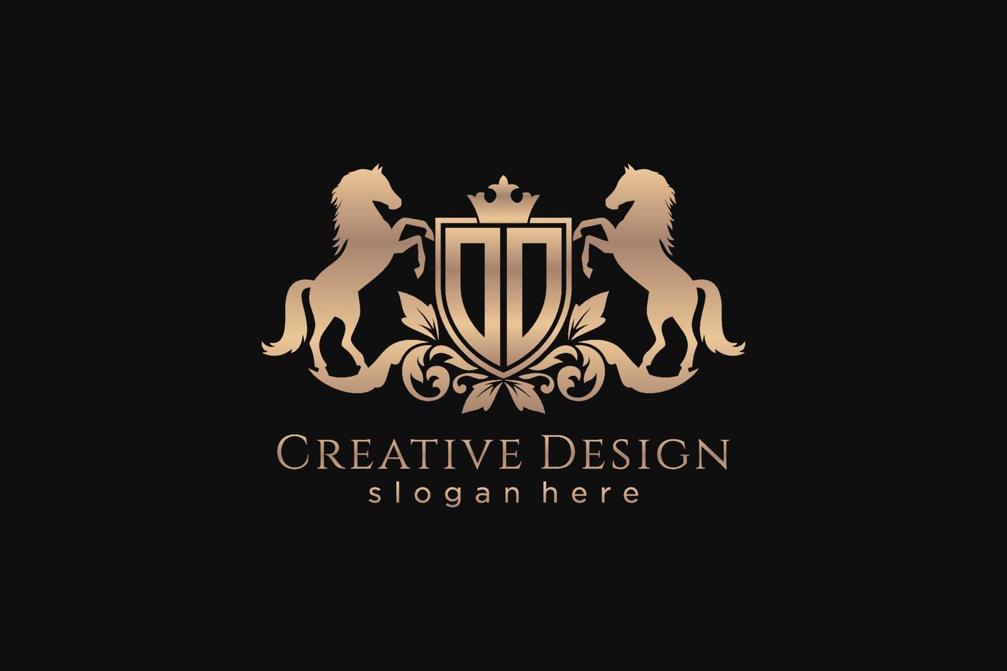 initial OO Retro golden crest with shield and two horses, badge template with scrolls and royal crown - perfect for luxurious branding projects vector