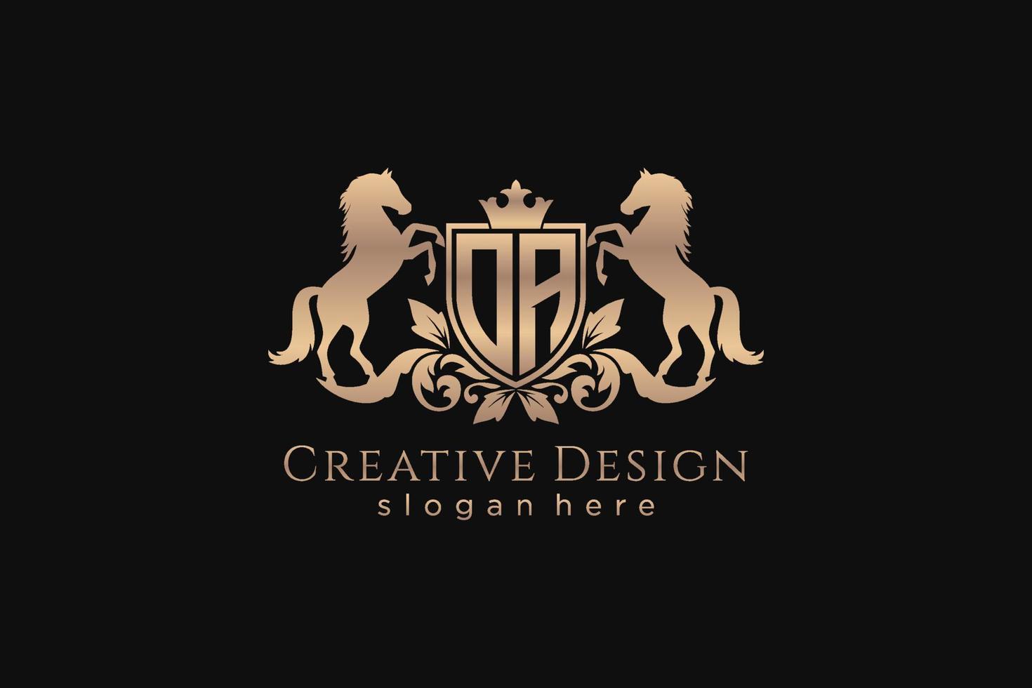 initial OA Retro golden crest with shield and two horses, badge template with scrolls and royal crown - perfect for luxurious branding projects vector