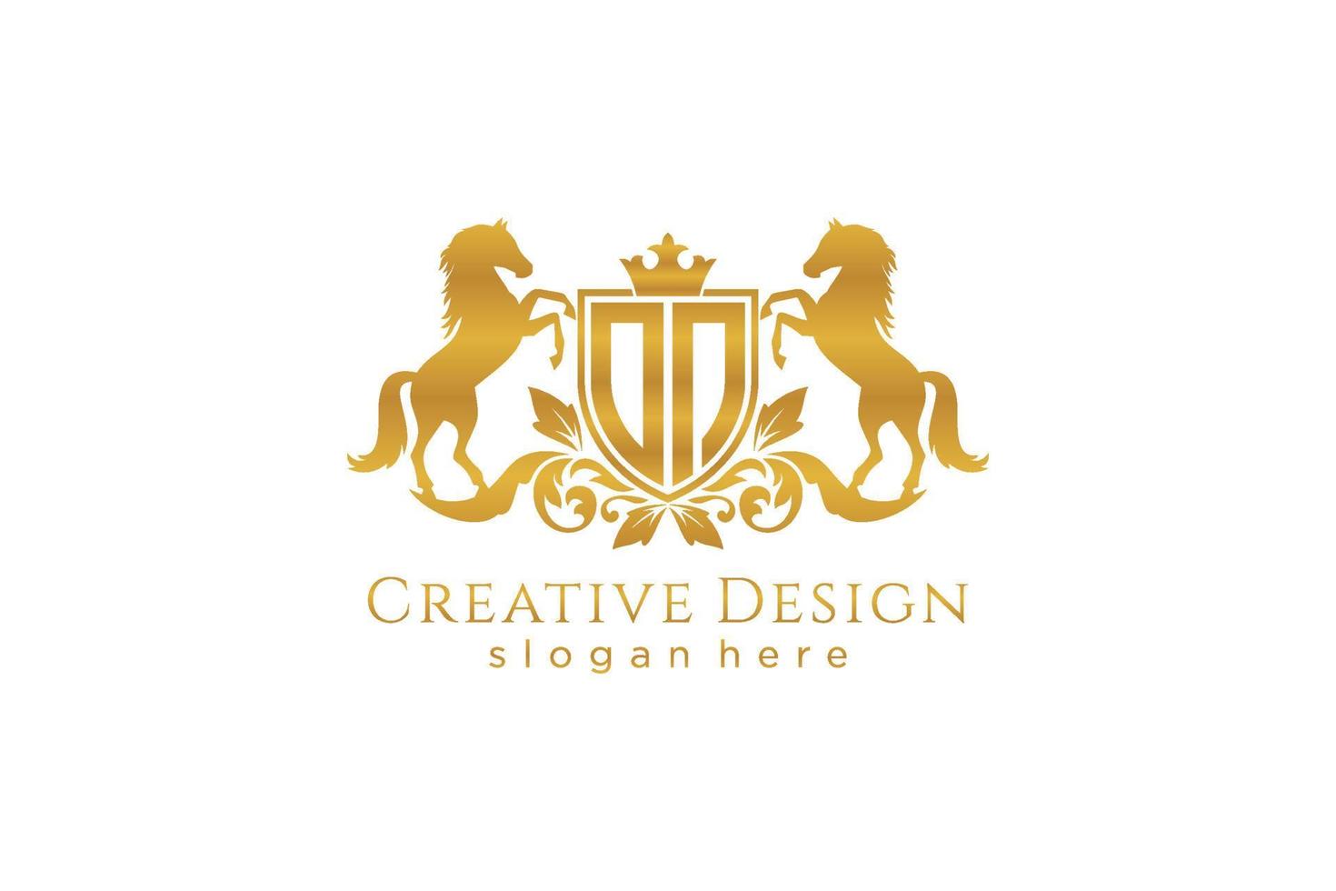 initial ON Retro golden crest with shield and two horses, badge template with scrolls and royal crown - perfect for luxurious branding projects vector
