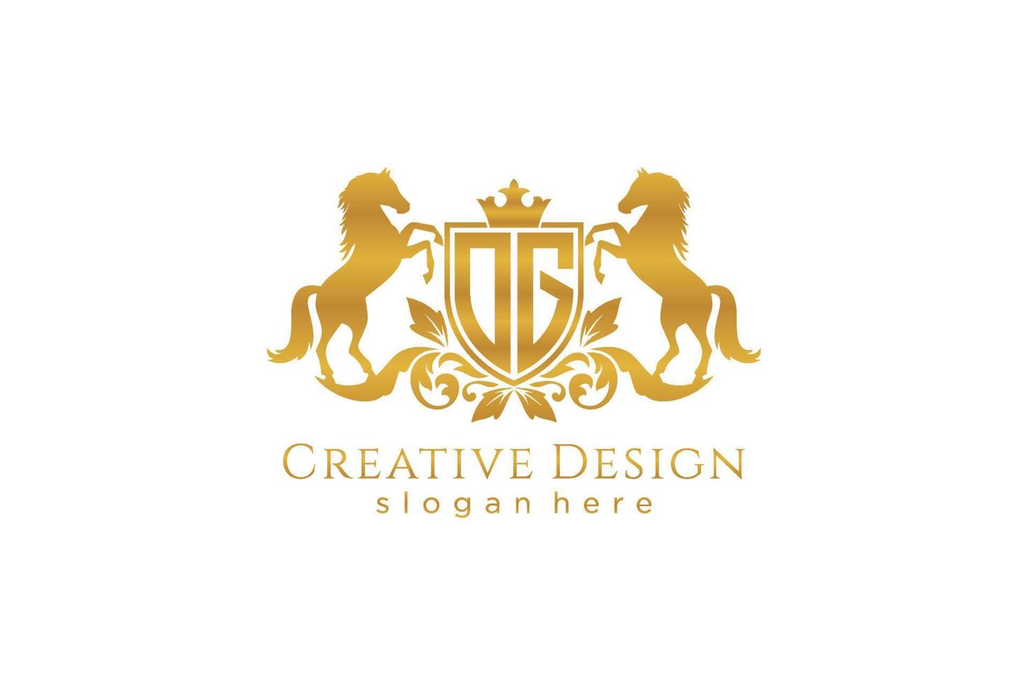 initial OG Retro golden crest with shield and two horses, badge template with scrolls and royal crown - perfect for luxurious branding projects vector