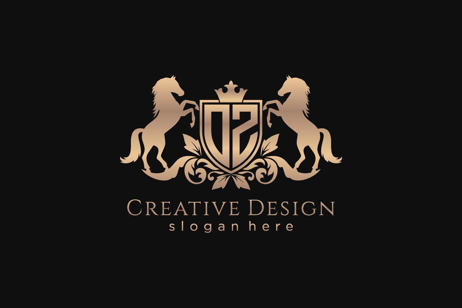 initial OZ Retro golden crest with shield and two horses, badge template with scrolls and royal crown - perfect for luxurious branding projects vector