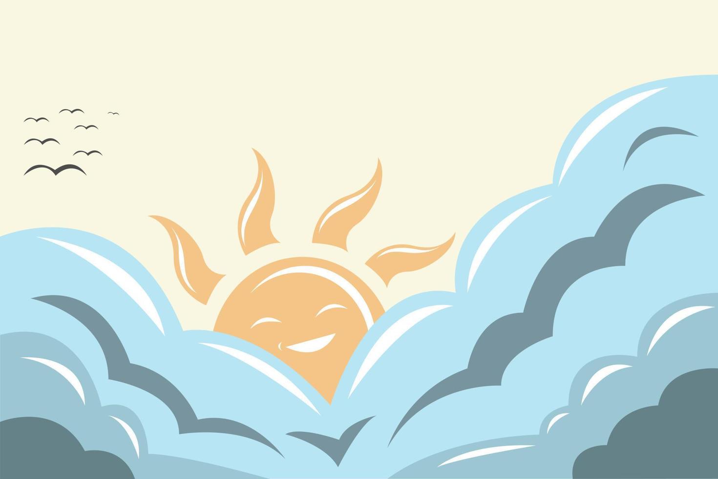 cloud sky background with smiling sun vector