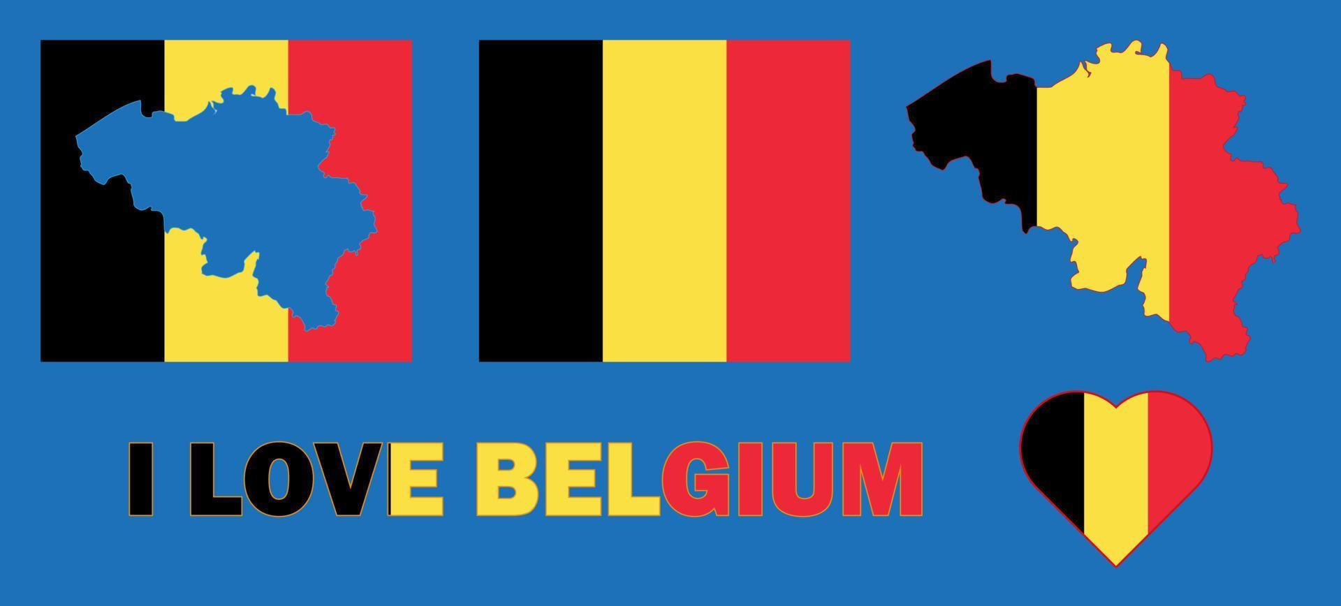 Set of vector illustrations with Belgium flag, country outline map and heart. Travel concept.