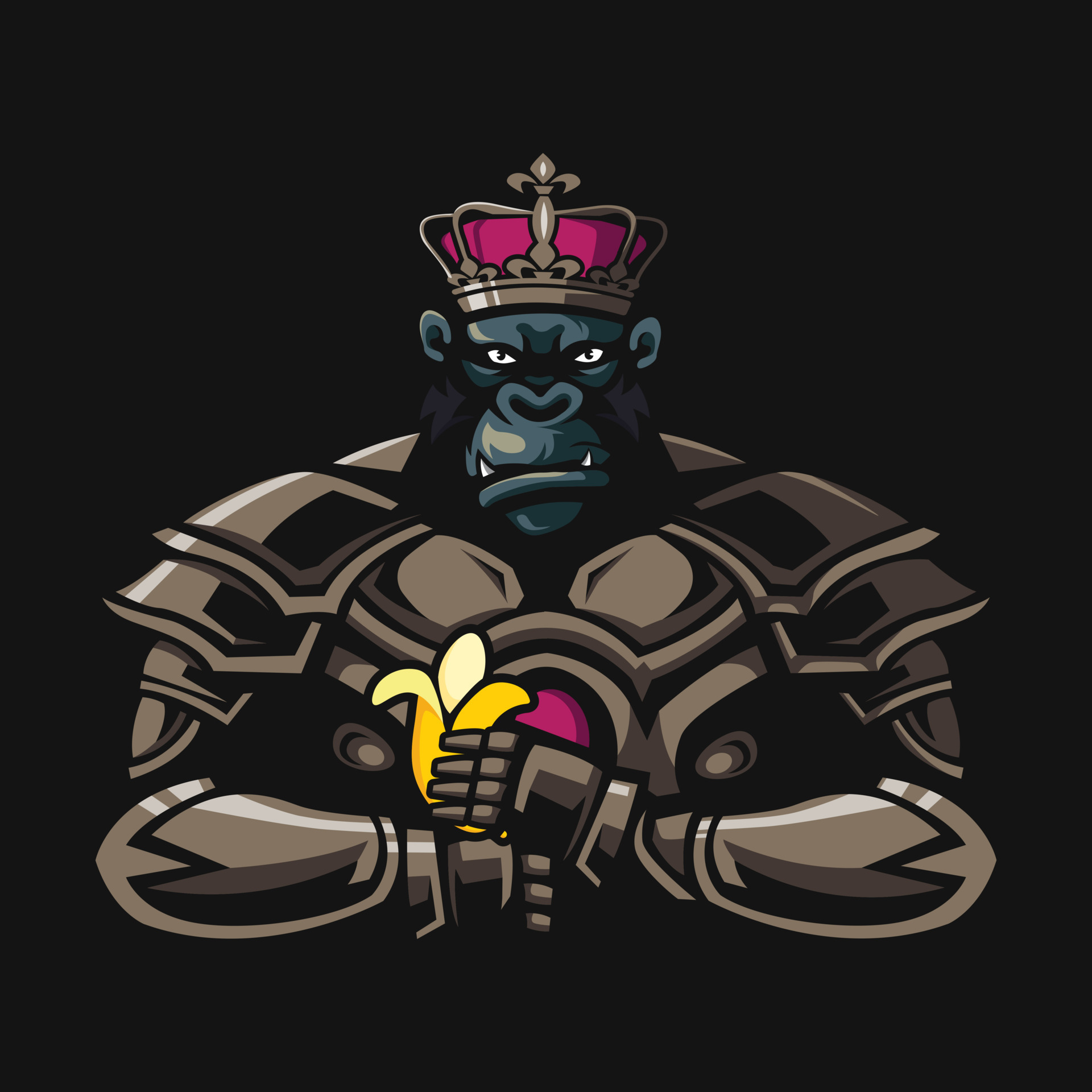 Illustration of King Kong wearing gold armor while carrying a banana